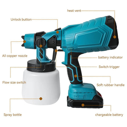  800ML Electric Paint Sprayer Cordless Spray Gun Coating Airbrush Machine Househeld DIY Power Tool for 21V 18V Battery